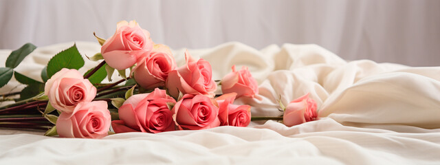 Bouquet of roses on the bed. Generative AI,