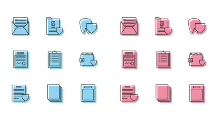 Set line Contract with shield, Clean paper, Mail and e-mail, Empty form, Clipboard checklist, Wallet money, Filled and Document icon. Vector
