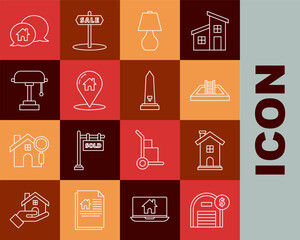 Set line Warehouse with dollar symbol, Home, Swimming pool ladder, Table lamp, Map pointer, House building speech bubble and Washington monument icon. Vector