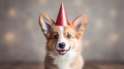 Cute happy dog celebrating at a birthday party, wearing a party hat with falling confetti