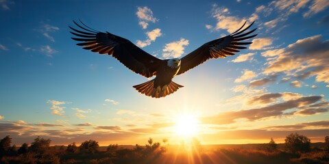 Fototapeta premium AI Generated. AI Generative. Wild american eagle bird flying in the blue air sky at golden sunset nature outdoor landscape. Graphic Art