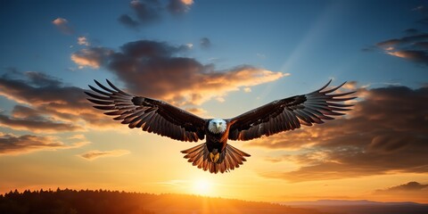 AI Generated. AI Generative. Wild american eagle bird flying in the blue air sky at golden sunset nature outdoor landscape. Graphic Art - obrazy, fototapety, plakaty