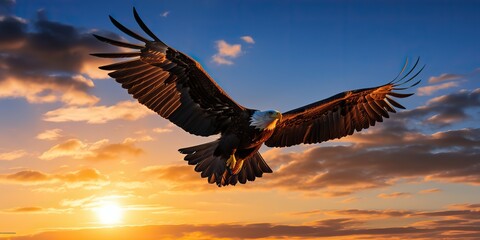 AI Generated. AI Generative. Wild american eagle bird flying in the blue air sky at golden sunset nature outdoor landscape. Graphic Art