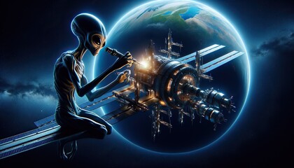 A digital rendering of an alien figure using a telescope to observe a large space station with earth in the background