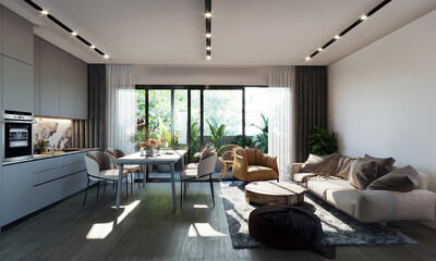 Modern interior of living and dining  room with white sofa and dining table and garden background. 3d rendering. 