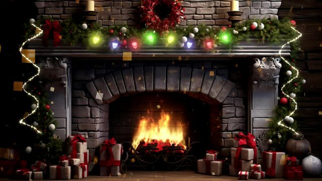 fireplace with christmas decorations, loop video background animation, cartoon anime style. for vtuber / streamer backdrop