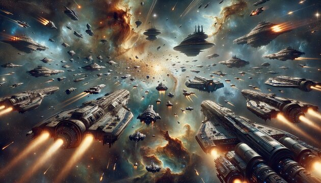 Intense space conflict scene capturing a clash between numerous spacecraft with dynamic lighting effects