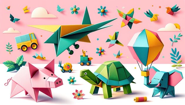 A vibrant arrangement of origami and paper figures, including animals and geometric shapes on a pink background