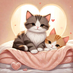 Cute two cats sitting on a bed illustration. Generative ai