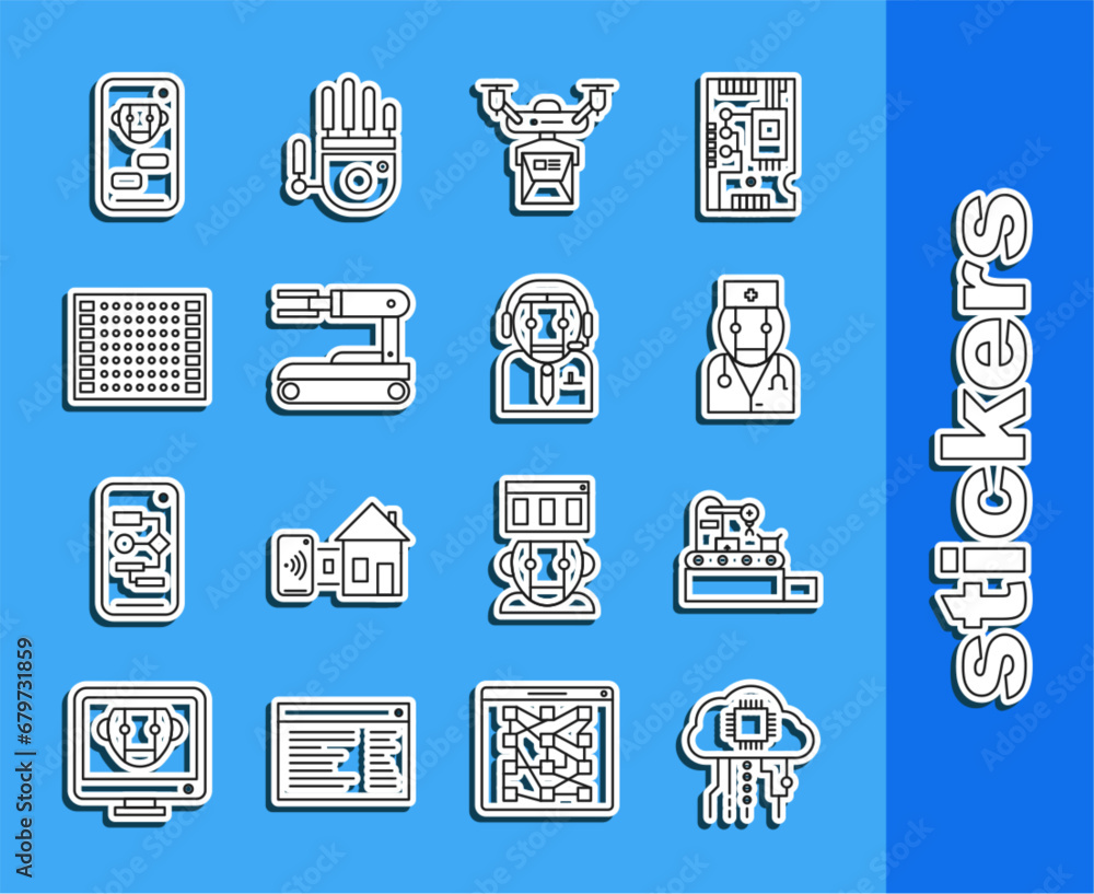 Poster set line internet of things, factory conveyor system belt, robot doctor, drone delivery concept, pri