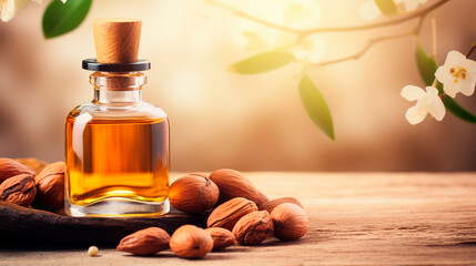 Argan essential oil on a wooden background. Generative AI,