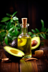 Avocado cosmetic oil on a wooden background. Generative AI,