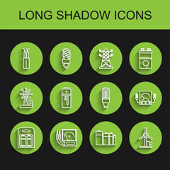 Set line Battery in pack, Ampere meter, multimeter, voltmeter, Electric cable, Wind turbine, and LED light bulb icon. Vector