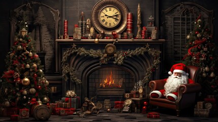 Fototapeta na wymiar a santa claus sitting in a chair in front of a fireplace with a clock on the wall and christmas decorations around it.