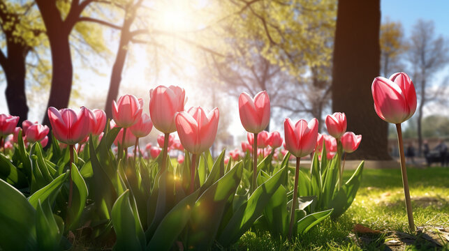 tulips in the garden HD 8K wallpaper Stock Photographic Image