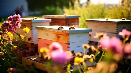 Foto op Plexiglas Beehive apiary bees and flowers in the meadow. Generative AI, © Erik