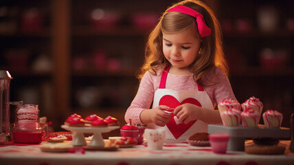 ハートのエプロンをしてお菓子作りをする女の子