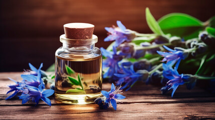 Cosmetic essential oil borage. Generative AI, - obrazy, fototapety, plakaty