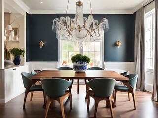 A stylish dining room with a wooden table, dining chairs, and a chandelier