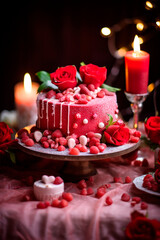 Obraz na płótnie Canvas Pink cake with flowers and hearts for Valentine's day. Generative AI,