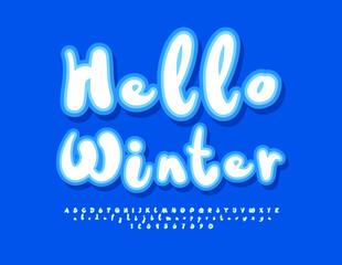 Vector seasonal poster Hello Winter with creative sticker Font. Artistic set of Alphabet Letters and Numbers
