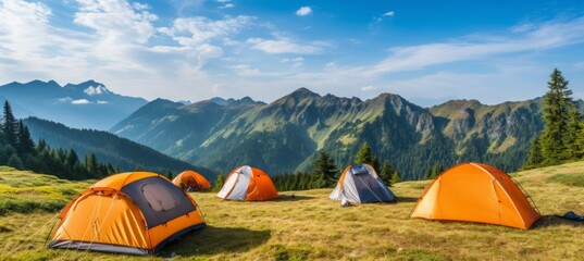 Breathtaking mountain campsite with a tent, surrounded by majestic peaks on a sunny summer day