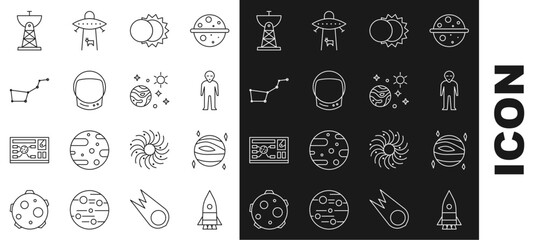 Set line Rocket ship, Planet Venus, Alien, Eclipse of the sun, Astronaut helmet, Great Bear constellation, Satellite dish and Space and planet icon. Vector