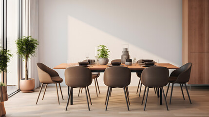 Une table en bois dans une salle à manger moderne et design.