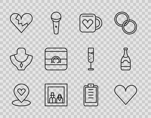 Set line Location with heart, Heart, Coffee cup and, Family photo, Broken or divorce, Wedding rings, Clipboard checklist and Champagne bottle icon. Vector