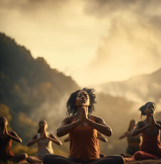 Group of fit African American women practicing yoga in the mountains
