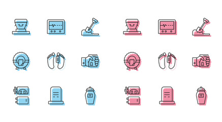 Set line Crematorium, Grave with tombstone, Coffin, Funeral urn, Dead body, Death certificate hand, Memorial wreath and Beat dead monitor icon. Vector