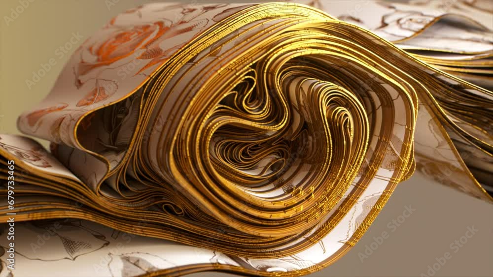 Poster elegant 3d swirls in golden hues with intricate line details. 3d animation combining luxury and art.