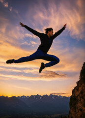 Silhouette of a man leaping energetically against a dramatic sunset sky with a mountainous horizon.