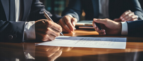 Business people working together in office. Close-up of business people hands signing contract.