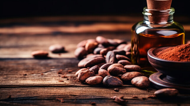 Cosmetic cocoa butter on a wooden background. Generative AI,