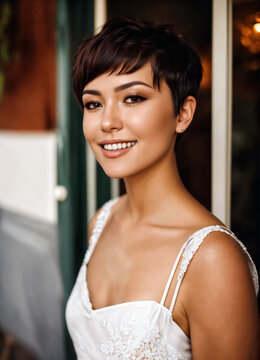 A radiant woman with a stylish pixie haircut and a warm smile, wearing a delicate white lace dress, exudes elegance and confidence.