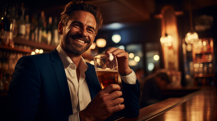 un hombre empresario sonriendo en un bar tomando un vaso de cerveza 