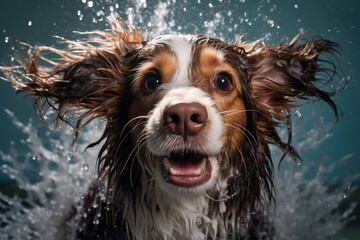 Portrait of dog showering with shampoo