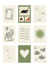 Set of positive social media quotes, motivation posters on trendy abstract background in neutral colors (Japanese text translation: cat, poster design).