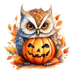 Fototapeta premium Watercolor cute clipart halloween owl with pumpkin on transparent background. sublimation, tshirt, mug, pillow, tumbler, print
