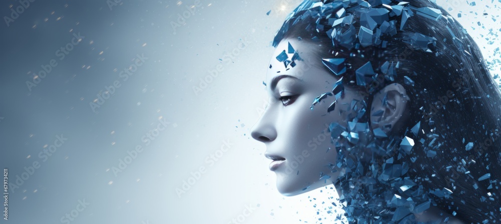 Aufkleber female robot face in digital particle wave ai concept with shining stars and copy space