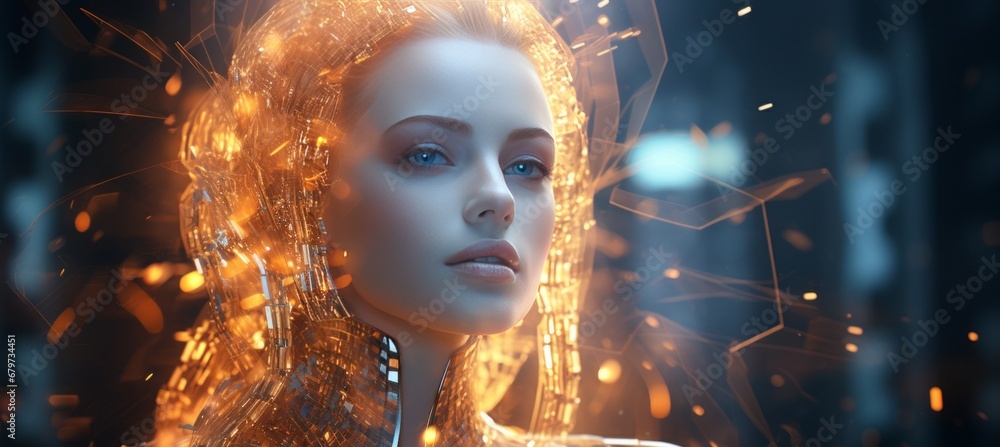 Aufkleber female robot face on abstract background with digital particles wave and copy space for text.