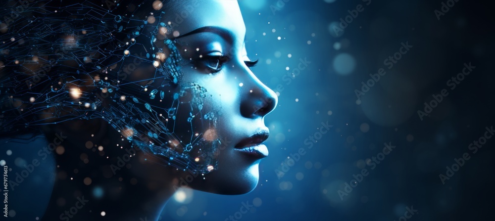 Poster female robot face on abstract background with digital particles, ai concept with copy space.