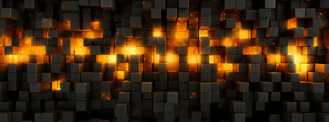 abstract geometric pattern using yellow and orange cubes in a black background, in the style of futuristic cityscapes, aluminum, luminous shadows, shaped canvas, high detailed