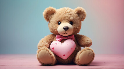 a teddy bear holding a heart on a brown background with a light shadow behind it and a light shadow behind it, with a soft light colored background, with a soft, soft,. 