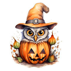 Watercolor cute clipart halloween owl with pumpkin on transparent background. sublimation, tshirt, mug, pillow, tumbler, print