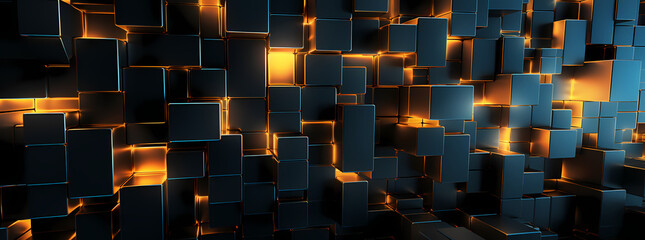 high definition orange and blue cubes backgrounds for walls, in the style of dark black and gold, futuristic cityscapes, luminous 3d objects, shaped canvas, circuitry, stark contrast of light and shad - obrazy, fototapety, plakaty