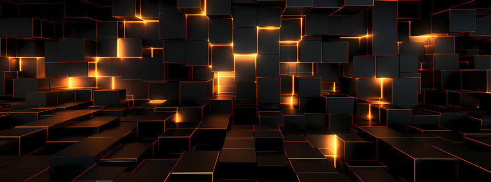 digital abstract black and orange 3d hd backgrounds, in the style of cubist fragmentation of space, glowing neon, urban landscape, golden light, shaped canvas, aluminum, greeble