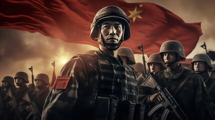 Chinese military against the background of the flag - obrazy, fototapety, plakaty