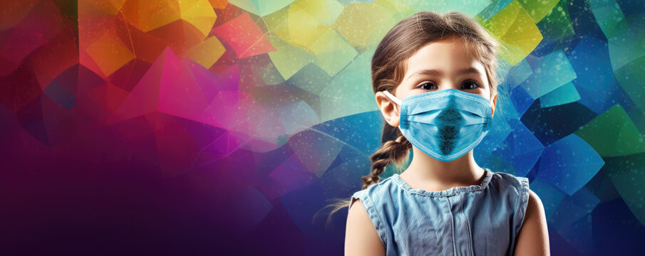 Child Wearing Surgical Disposable And Fabric Breathing Mask Over Bright Colorful Background